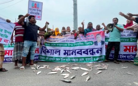 চট্টগ্রামে চাঁদাবাজির প্রতিবাদে সড়কে মাছ ফেলে জেলেদের বিক্ষোভ ও মানববন্ধন
