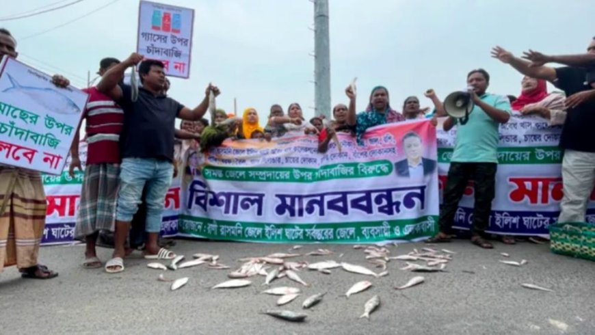 চট্টগ্রামে চাঁদাবাজির প্রতিবাদে সড়কে মাছ ফেলে জেলেদের বিক্ষোভ ও মানববন্ধন