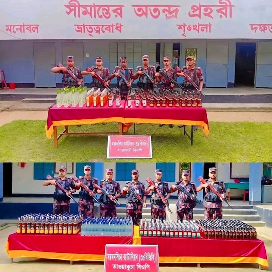 শেরপুরের নালিতাবাড়ী ও ঝিনাইগাতী সীমান্তে পৃথক অভিযান চালিয়ে ৭০৫ বোতল ভারতীয় ম/দ জ/ব্দ
